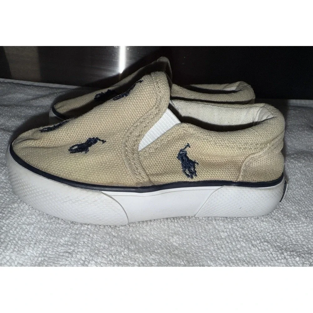 Polo Ralph Lauren Little Boys Shoes Size 5 Slip‎ On, Tan With Blue Horses